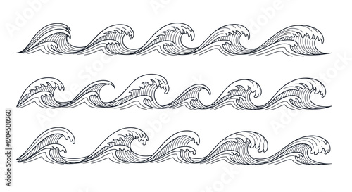 Illustration of multiple wave patterns in a monochromatic style on a white background.