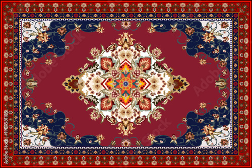 A classic Persian-style carpet design featuring a highly symmetrical composition with an intricate central medallion formed by layered geometric and floral motifs