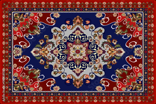 A classic Persian-style carpet design featuring a highly symmetrical composition with an intricate central medallion formed by layered geometric and floral motifs