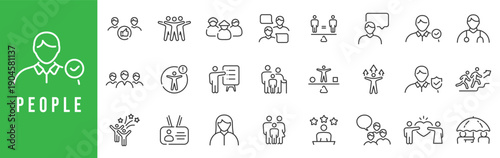 Outline people icon set representing individuals, teams, communities, communication, leadership, support, and collaboration