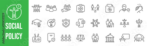 Outline social policy icon set representing public welfare, social protection, equality, governance, healthcare, and community development concepts,