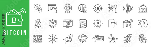 Outline bitcoin icon set featuring cryptocurrency wallets, BTC transactions, blockchain networks, mining, security