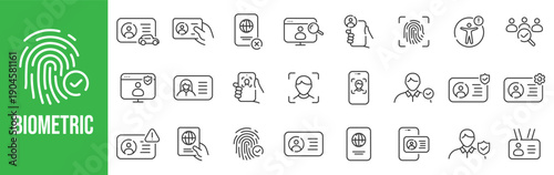 Outline biometric icon set featuring fingerprint, face recognition, identity verification, and secure authentication for modern UI, web, app, and digital security design.