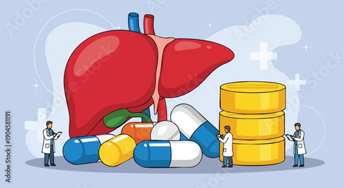 Liver medication treatment. Medical health concept. Flat design illustration. Pharmacology research.