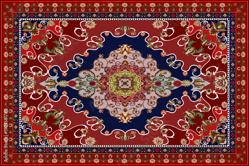 A classic Persian-style carpet design featuring a highly symmetrical composition with an intricate central medallion formed by layered geometric and floral motifs