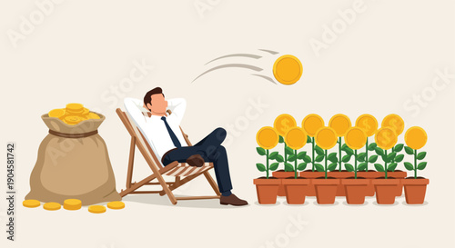 Financial Freedom Concept. Man Relaxing with Passive Income. Wealth Growth Illustration. Investment Success.