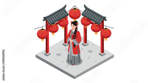 Traditional asian culture: woman in red dress surrounded by lanterns in isometric style