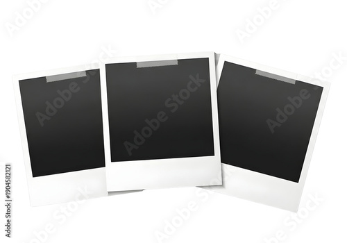 Three blank polaroid photos on a white surface for mockup purposes isolated on transparent background