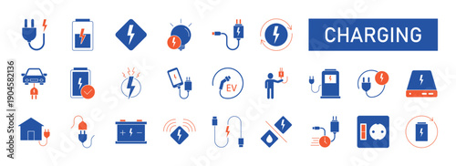 Charging icon set. Containing charge, battery, energy, electricity, charger, recharge, electric car and charging station icons. Solid icon collection. Vector illustration.