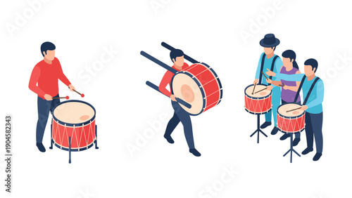 Isometric drummers in action: diverse group with drums in dynamic performance
