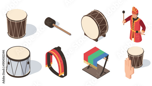 Isometric musical instruments set with drums and traditional percussion elements
