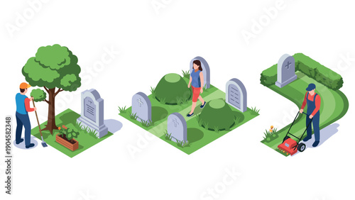 Isometric cemetery maintenance scene with workers and mourners