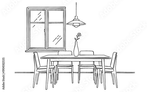 ダイニングテーブルと椅子のある室内の線画イラスト
