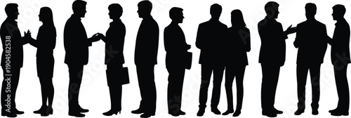 Vector illustration of business silhouette icons—symbols for professional dialogue, corporate networking, teamwork collaboration, formal meeting, social interaction, and organizational communication