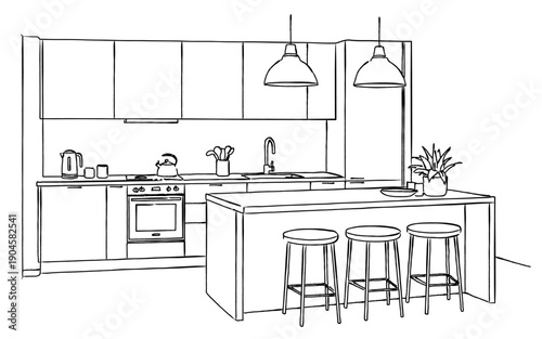 アイランドキッチンのある室内の線画イラスト