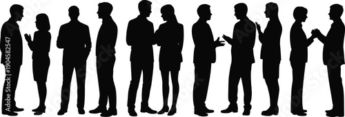 Vector illustration of business silhouette icons—symbols for professional dialogue, corporate networking, teamwork collaboration, formal meeting, social interaction, and organizational communication