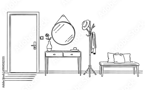 玄関インテリアのある室内の線画イラスト