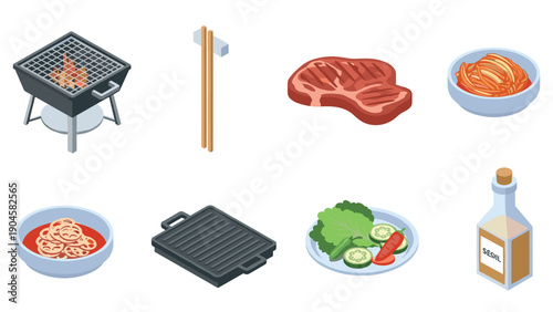 Isometric bbq and korean cuisine elements: grill, tongs, meat, and vegetables