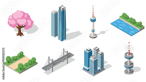 Isometric city elements: buildings, park, bridge, and tower for urban designs