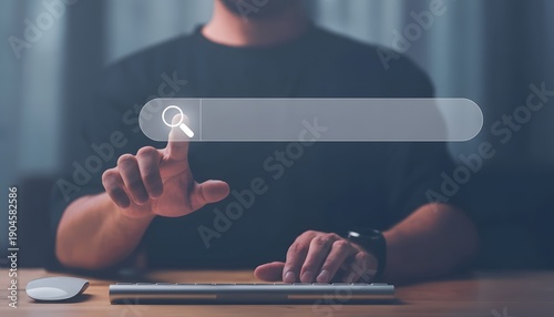 Man searching online with magnifying glass icon on screen