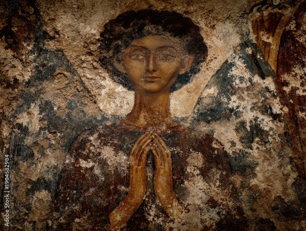 Naklejka premium Black angel praying on weathered mural, ancient religious art, spiritual fresco with faded earth tones