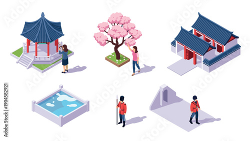 Isometric asian architecture and garden elements with guards and cherry blossom