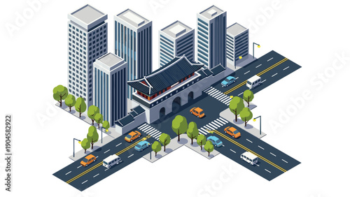 Isometric urban scene with skyscrapers and traditional asian architecture