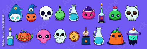 Witch magic items and Halloween elements. Halloween witchcraft objects cartoon stickers. Vector illustrations set. Witch hat,   poison bottles, wizard cauldron and other things.