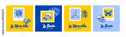 Vintage summer Italian Mediterranean coastal postage stamp set. Hand drawn vector illustration. Amalfi sketch and watercolor beach vacation design.