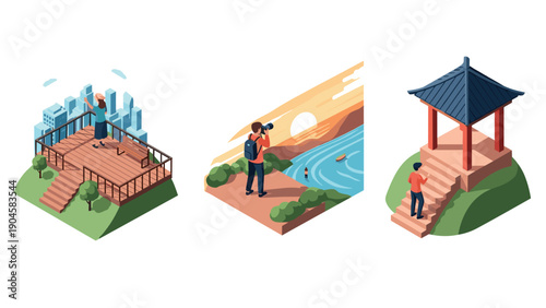 Isometric landscape scenes with city view and peaceful countryside setting
