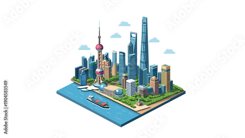 Isometric cityscape of shanghai with iconic landmarks and waterfront scene