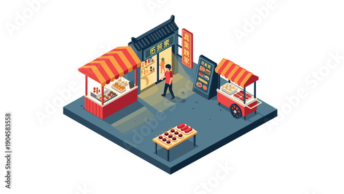 Isometric asian street market with food stalls and traditional architecture