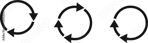 Set of black circular arrow icons for refresh update and recycle process, rotation symbols for loading or repeat isolated on white background flat vector.