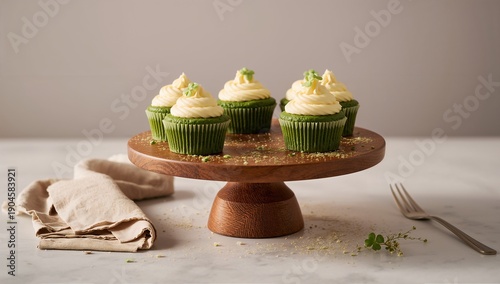 Green velvet cupcake with moist soft crumb and smooth cream cheese frosting, styled with fresh green tones and elegant bakery presentation for premium dessert visuals