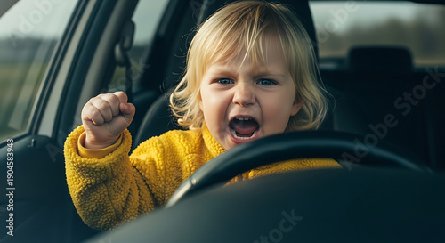 furious blonde toddler yelling clenching a fist in a cars driver seat depicting a childhood tantrum and kids road rage.
