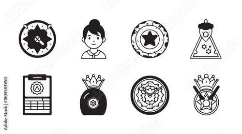Collection of Flat Icons Representing Symbols, Awards, and People in a Simple Style
