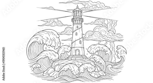 Majestic Lighthouse Standing Tall Amidst Powerful Ocean Waves Coloring Page