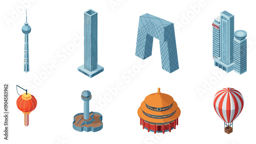 Isometric icon set of modern chinese architecture and landmarks