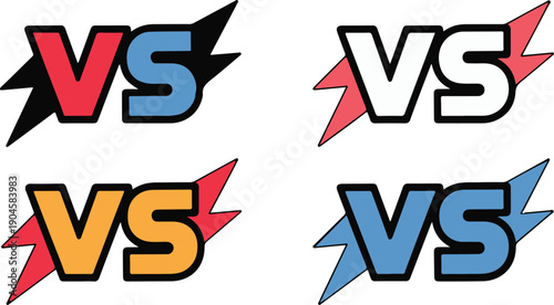 Versus letters logo icon for battle and fight games, featuring pop art style, yellow and red stamp effects, duel challenge symbols, and vector illustration