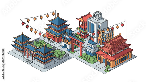 Traditional asian architecture in isometric style featuring pagodas and lanterns