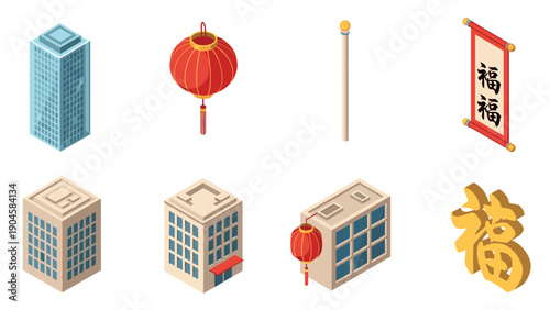Modern isometric city buildings and chinese new year symbols for festive decoration