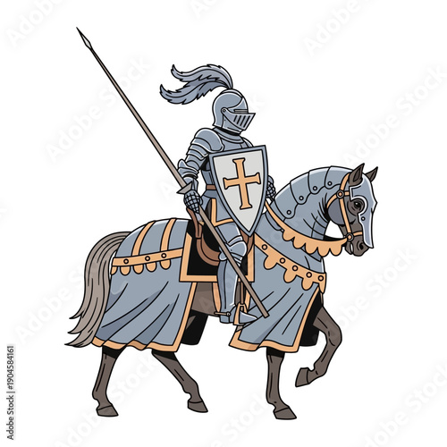 Medieval Knight in Full Armor Riding Horse with Lance and Shield