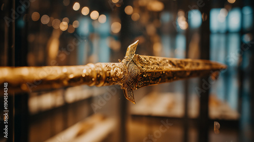 glaive. A ceremonial gilded glaive with carved shaft displayed in a museum. event programs, museum guides, designed for cultural heritage projects and event programs, preserves heritage.