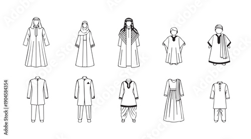 Collection of Islamic Traditional Clothing Outfits Line Art Vector Illustrations