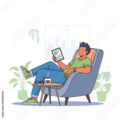 A person reclining in a chair, holding a tablet, with coffee and plants
