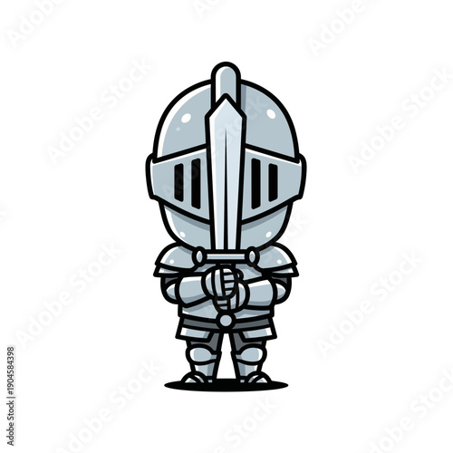 Cute Knight in Shining Armor with Sword, Chibi Warrior Character Design