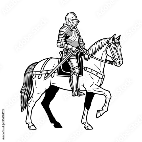 Medieval Knight in Full Armor Riding Horse, Sword Drawn, Black and White Illustration