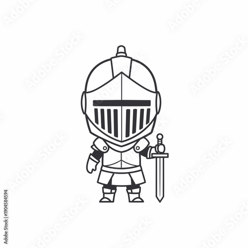 Cute Knight Warrior Character with Sword, Outline Drawing