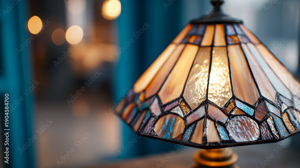 © ABF_MATEO - Warm Light from a Stained Glass Lamp Illuminates a Cozy Interior Space © ABF_MATEO - Warm Light from a Stained Glass Lamp Illuminates a Cozy Interior Space