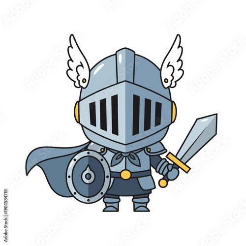 Cute Cartoon Knight Warrior with Sword and Shield, Winged Helmet, Vector